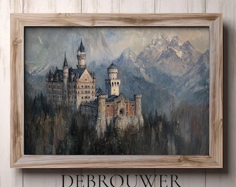 Afdrukbaar kasteel kasteel Neuschwanstein, vintage kasteel muurkunst, decor landhuis, kasteel schilderij, rustieke muurkunst, vintage olieverfschilderij