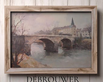 Vintage European Village Print, Rustic Bridge Art, Rustic Town Printable, Old Bridge Painting, Vintage Landscape Home Decor, Digital Art