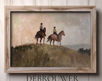 May include: A painting of two people riding horses on a grassy hill. The horses are brown and the riders are wearing brown clothing. The sky is a light blue and there are clouds in the distance.
