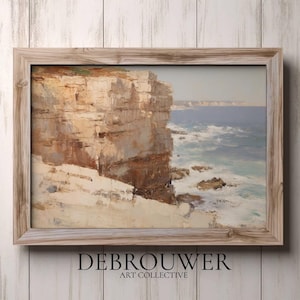 Cliff Sea Side Landscape Printable, Vintage Ocean Wall Art, Beach Home Decor, Cliff Painting, Rustic Wall Art, Vintage Oil Painting, Sea Art