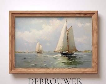 Sailboats Landscape Printable, Vintage Ocean Wall Art, Beach Home Decor, Ship Painting, Rustic Wall Art, Vintage Oil Painting, Sea Art