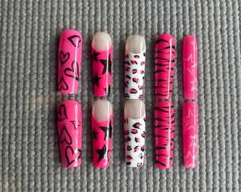 Y2K baddie long nails French tip heart design hand painted pink zebra cheetah nails with stars coffin fake nails
