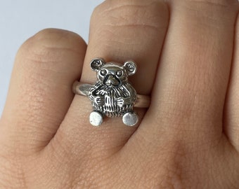 Bague ours en peluche vintage unique en argent sterling, taille 7