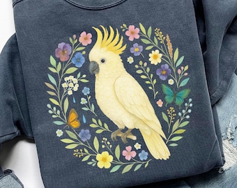 White Cockatoo Sweatshirt, Floral Wreath Parrot Sweatshirt, Bird Lover Gift, Australian Birds Shirt, Nature Lover Tops, C648
