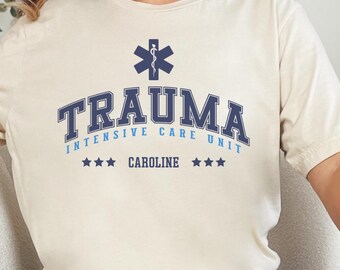Camiseta personalizada de enfermera de traumatología, camiseta personalizada de enfermera de UCI de traumatología, regalo para enfermera de traumatología, camiseta de cuello redondo de enfermera de unidad de cuidados intensivos de traumatología, Z171