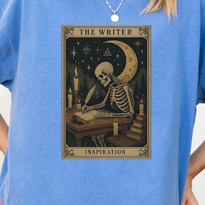 Funny Skeleton Writer Tarot Card Shirt, Stenographer Tee, English Teacher Gift, Halloween Author Shirt, Spooky Court Reporting Shirt, X339