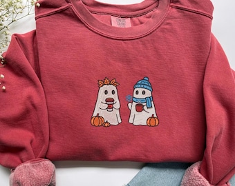 Geborduurde Ghost Pumpkin Coffee met ronde hals, leuk Halloween-sweatshirt, Spooky Fall Top, Boo Ghost-shirt, shirt Halloween Coffee Lovers, F022