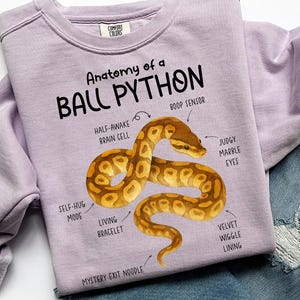 Könnte beinhalten: Ein helllila Sweatshirt mit dem Text "Anatomy of a Ball Python" und einer detaillierten Illustration einer Königspython. Das Sweatshirt liegt über einer blauen Jeans.