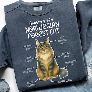 Peut inclure: Un sweat-shirt bleu marine avec le texte "Anatomy of a Norwegian Forest Cat" et une illustration de chat. Les caractéristiques du chat sont étiquetées, dont "Majestic Eyes" et "Snow Saber Tail". Le sweat-shirt est présenté avec un jean bleu.