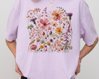 Herbstliche Wildblumen Shirt, Boho gepresste Blume Shirt, Herbst Blume Shirt, Wilde Blume Shirt, Cottagecore Kleidung, Natur Grafik T-Shirts, X059