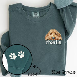 Może przedstawiać: Niebieska bluza z psem wystającym z kieszeni i nadrukiem imienia "charlie" poniżej. Bluza ma białe odciski łap na rękawie.