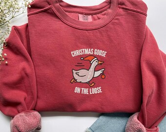 Embroidered Christmas Goose Sweatshirt, Christmas Goose Embroidery Sweater, On the Loose Shirt, Cute Christmas Embroidery Shirt, F017
