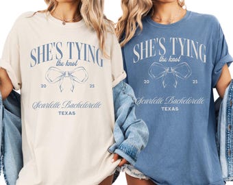 She's Tying The Knot Bachelorette Shirt, Personalized Bow Bridal Party Shirt, Bow Themed Bridal Shower Outfit, Girly Bachelorette Idea, X379