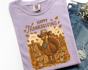 Happy Thanksgiving Turkey Shirt, Cowboy Turkey Tee, Funny Thanksgiving Shirt, Western Cowboy Theme Graphic Tee, Fall Harvest Tee, X904