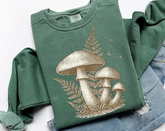 Cottagecore Mushroom Sweatshirt, Botanical Fungi Sweatshirt, Fall Fern Sweater, C643