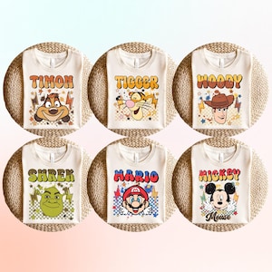 Timon Tigger Woody Shrek Mario Mickey Kids Shirts, Retro Toddler Tees, Cartoon Character Birthday Gift, Boys Girls Graphic Tops, D043
