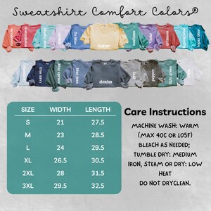 May include: A variety of long-sleeved sweatshirts in various colors, including butter, denim, and seafoam, are displayed. The image also includes a size chart with measurements in inches and care instructions for washing and drying.