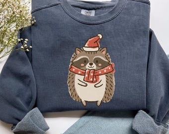 Raccoon Christmas Sweatshirt, Santa Hat Raccoon in Scarf, Cute Holiday Gift for Animal Lovers, Funny Christmas Animal Shirt, C504