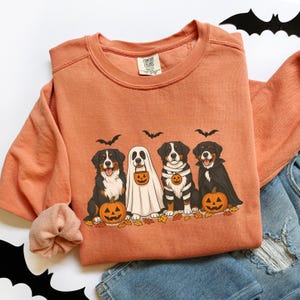 May include: Orange Comfort Colors sweatshirt featuring a Halloween-themed graphic. The design includes four dogs dressed in costumes, each with a pumpkin and bats. The dogs are dressed as a ghost, vampire, and other Halloween characters.