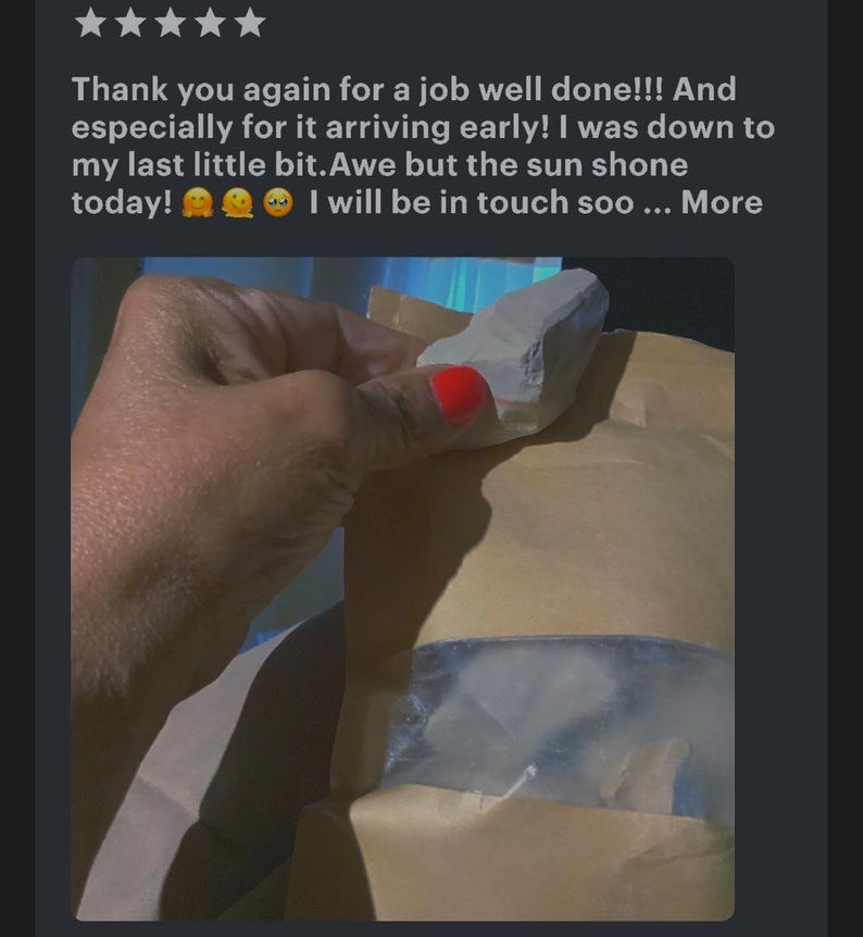 May include: A brown paper pouch with a clear plastic window containing solid contents. The text reads: Thank you again for a job well done!!! And especially for it arriving early! I was down to my last little bit. Awe but the sun shone today! 🙈 🌞 🥺 I will be in touch soo ... More