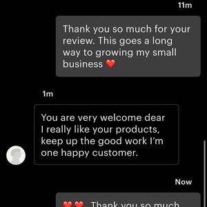 May include: A digital chat interface on a black background displaying a conversation between a seller and a customer. The text includes messages such as Thank you so much for your review, You are very welcome dear, and God bless you with red heart emojis.