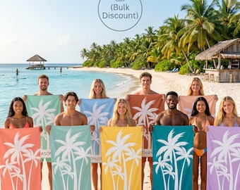 Personalized Palm Tree Beach Towel, Custom Tropical Summer Pool Towel, Bachelorette Party Favor, Destination Wedding Guest Gift, Girls trip
