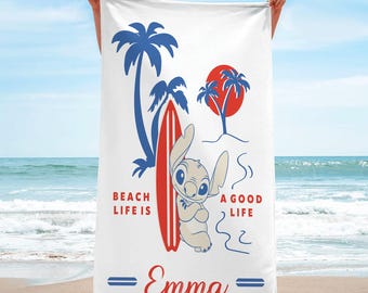 Custom Disney Summer Stitch Floral Beach Towel, Floral Family Bath Towel, Lilo And Stitch Picnic Towel, Movie Pool Towel For Adults