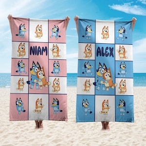Personalized Funny Cartoon Dog Towel – Custom Name Kids Towel for Beach, Pool and Bath, Adorable Cartoon Gift for Boys & Girls And Soft.
