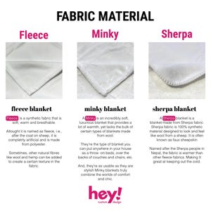 K&ouml;nnte beinhalten: Eine Infografik zeigt drei Arten von Deckenstoffen: Fleece, Minky und Sherpa. Jede Stoffprobe wird mit einer Beschreibung gezeigt. Der Text enth&auml;lt Details &uuml;ber die Eigenschaften und Verwendungen des Materials.