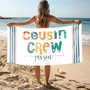 Personalized Cousin Crew Beach Towel, Custom Kids Vacation Gift, Family Trip Pool Towel, Rainbow Name Towel, Cousin Squad Summer Gift