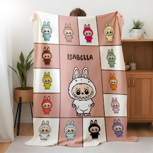 Personalized Blanket With Labubu Theme, Blue Cozy Throw for Nursery Gift, Pink Color Kids Blanket For Girls,Christmas Family Gift