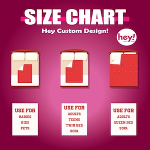 K&ouml;nnte beinhalten: Eine Gr&ouml;&szlig;entabelle mit drei Bettillustrationen und Text. Der Text lautet "SIZE CHART" und "Hey Custom Design!". Die Tabelle zeigt Bettgr&ouml;&szlig;en f&uuml;r Babys, Kinder, Haustiere, Teenager, Erwachsene, Einzelbetten, Queen-Size-Betten und Sofas.