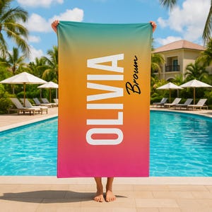 Bold Font Style Gradient Personalized Beach Towel, Personalized Name Bath Towel, Custom Pool Towel, Outside Birthday Vacation Gift