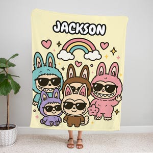 Personalized Labubu Blanket – Custom Name Kids Throw, Blue and Pink Nursery Blanket, Cozy Gift for Baby Boys & Girls, Christmas Family Gift