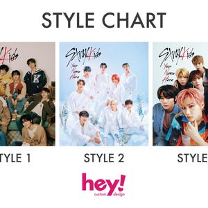 Puede incluir: Tres estilos diferentes de p&oacute;sters con el grupo de K-pop Stray Kids. Cada p&oacute;ster tiene un fondo diferente y los miembros del grupo visten atuendos diferentes. El texto en los p&oacute;sters dice "Stray Kids" y "Tu Nombre Aqu&iacute;".