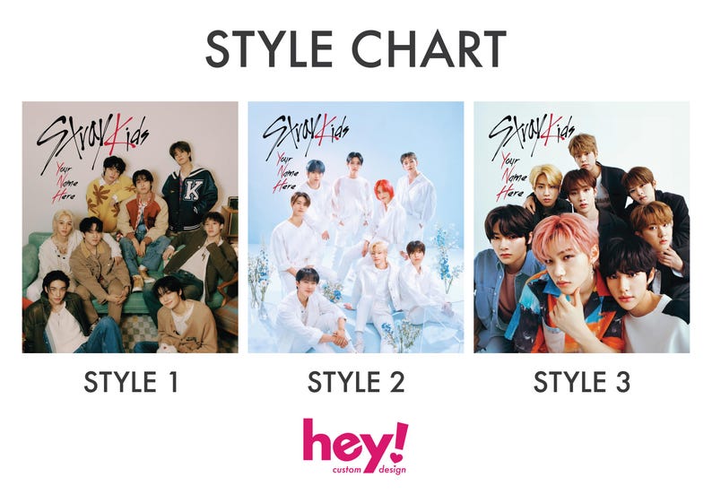 Puede incluir: Tres estilos diferentes de p&oacute;sters con el grupo de K-pop Stray Kids. Cada p&oacute;ster tiene un fondo diferente y los miembros del grupo visten atuendos diferentes. El texto en los p&oacute;sters dice "Stray Kids" y "Tu Nombre Aqu&iacute;".