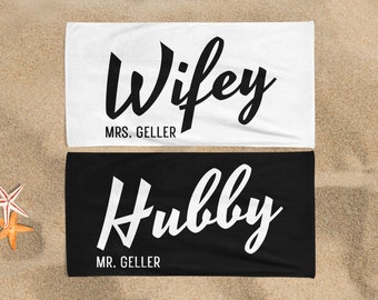 Personalized Wifey Hubby Beach Towel: Honeymoon Newlywed Gift