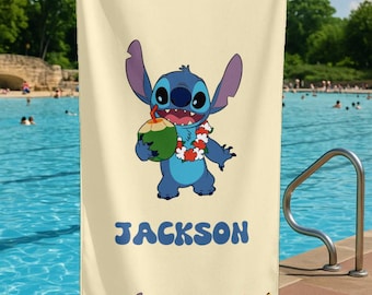 Personalized Beach Towels for Kids – Cute Stitch Cartoon Design with Custom Name, Summer Pool Towel, Vacation Gift for Boys and Girls