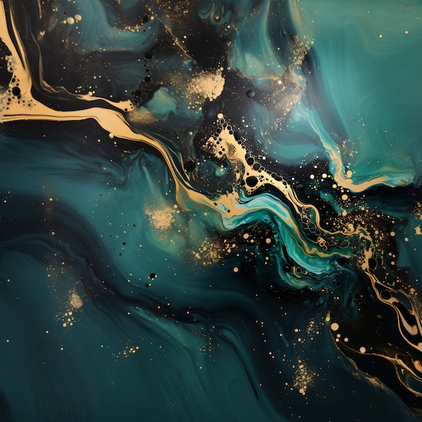 Emerald Green and Gold Abstract Acrylic Pour Art Digital Download Poster