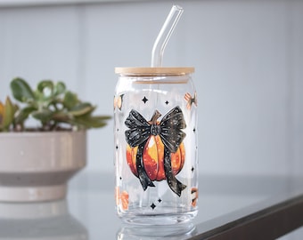Fall Pumpkin & Bow Glass Tumbler – 16oz with Bamboo Lid and Glass Straw – Autumn Cup