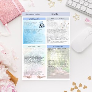 May include: A colorful printable guide with instructions for spiritual practices like breaking a curse, cord cutting, and grounding. The guide features illustrations of a pentagram, a pouch, and a hand holding a sword.
