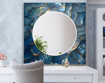 Tempered Glass Mirror Wall Decor for Blue Bathroom Mirror-Bedroom Wall Mirror-Circle Mirror-Makeup Mirror-Blue Mosaic Mirror-Stained Mirror