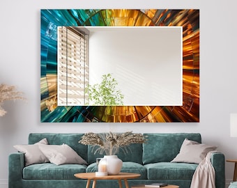 Blue Mosaic Tempered Glass Wall Mirror: Asymmetrical Stained Circle Design