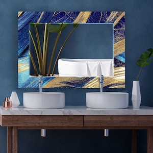 Blue Tempered Glass Wall Mirror: Gold Asymmetrical Frame