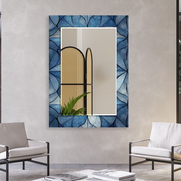 Tempered Glass Mirror Wall Decor for Blue Bathroom Mirror-Modern Hallway Wall Mirror-Vanity Mirror-Bedroom Mirror-Blue Stained mirror Round