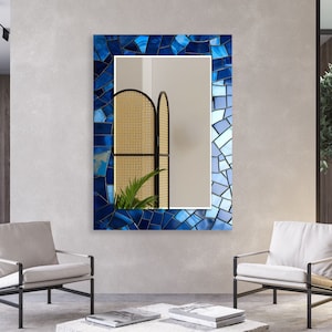 Tempered Glass Mirror Wall Art-Blue Bathroom Mirror-Blue Stained Wall Mirror-Circle Mirror-Vanity Mirror-Decorative Mirror-Bedroom Mirror