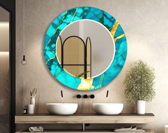 Tempered Glass Mirror Wall Decor for Bathroom Mirror-Gold Wall Mirror-Round Mirror-Turquoise Circle Mirror-Decorative Mirror-Bedroom Mirror