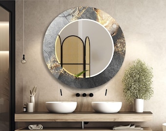 Tempered Glass Mirror Wall Decor Gray Bathroom Mirror-Hallway Wall Mirror-Framed Mirror-Gold Round Mirror-Luxury Mirror-Bedroom Mirror