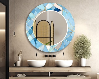Espejo de pared redondo de cristal templado azul: diseño de mosaico asimétrico