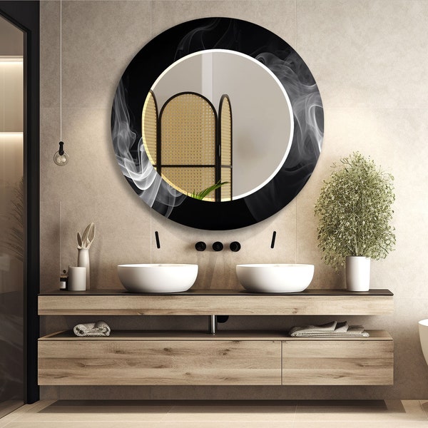 Miroir en verre trempé Décoration murale pour salle de bain Miroir-Miroir mural de couloir moderne-Miroir noir-Miroir rond-Miroir de chambre noir Miroir circulaire